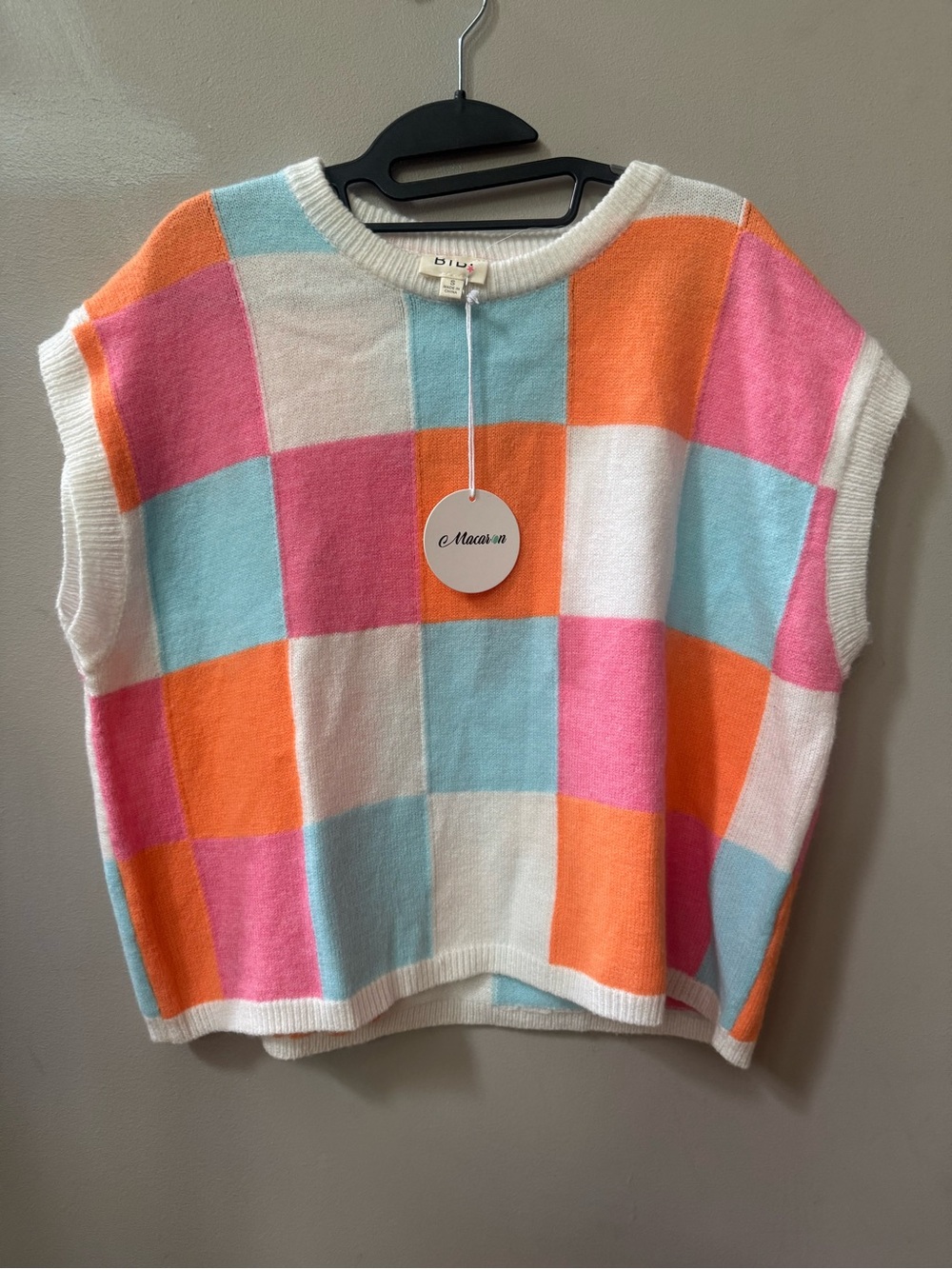 Colorblock Check Knit Vest - Pink, Orange, Light Blue, White